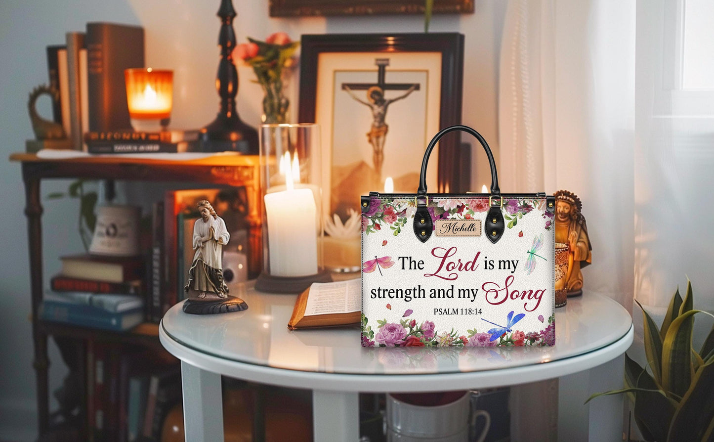 Personalized Leather Handbag Custom Name, Christian Gift, Gifts for Women, The Lord is My Strength Bag, Floral & Dragonfly Design