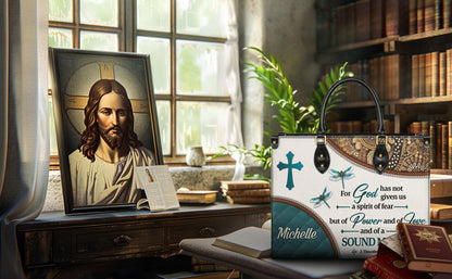 Personalized Leather Handbag Custom Name, Christian Gift, Gifts for Women, God Gave Us Power Bag, Dragonfly & Floral Design