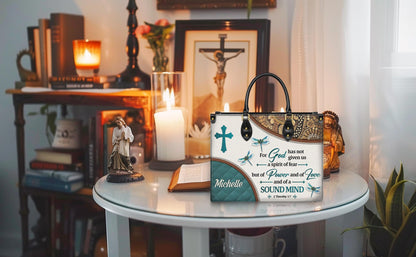 Personalized Leather Handbag Custom Name, Christian Gift, Gifts for Women, God Gave Us Power Bag, Dragonfly & Floral Design