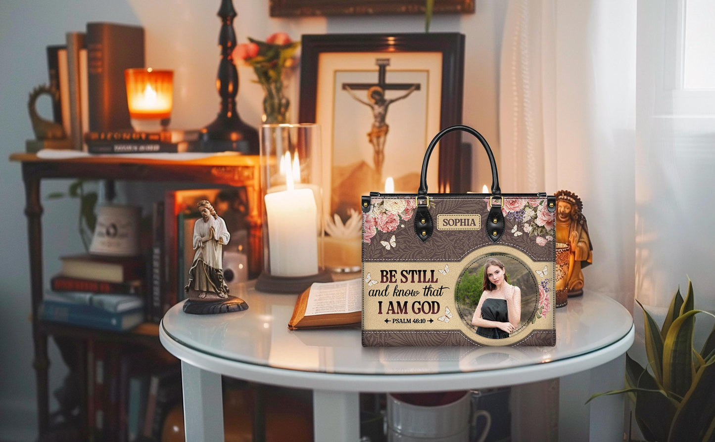 Personalized Leather Handbag Custom Name, Christian Gift, Gifts for Women, Be Still and Know Floral Bag, Butterfly & Flower Design