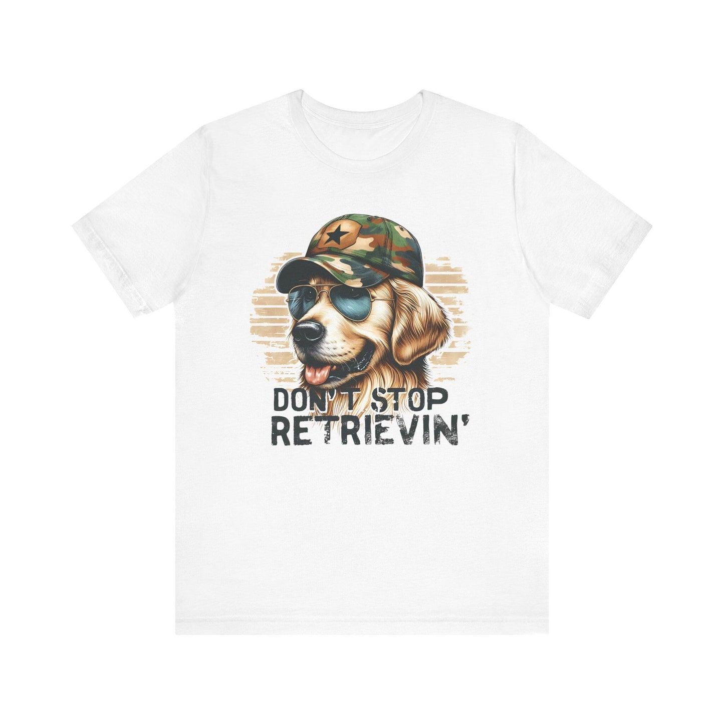 Adult Don't Stop Retrievin' Tee, Fun Golden Retriever Shirt, Gift for Duck Hunter, Golden Retriever Lover, Camo Shirt, Golden Retriever Top