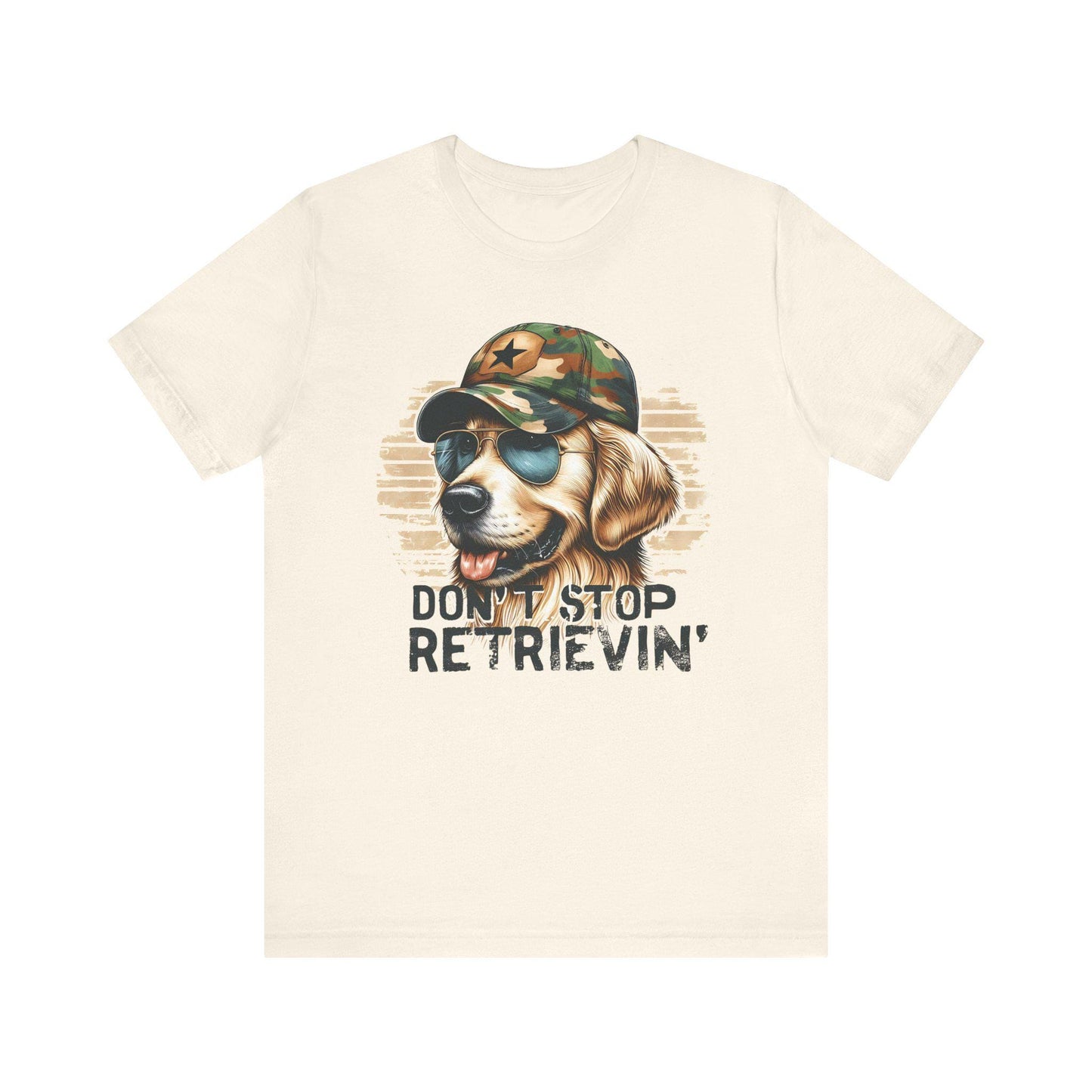 Adult Don't Stop Retrievin' Tee, Fun Golden Retriever Shirt, Gift for Duck Hunter, Golden Retriever Lover, Camo Shirt, Golden Retriever Top