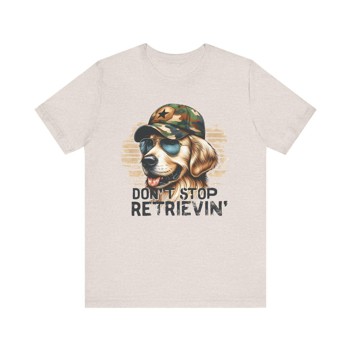 Adult Don't Stop Retrievin' Tee, Fun Golden Retriever Shirt, Gift for Duck Hunter, Golden Retriever Lover, Camo Shirt, Golden Retriever Top