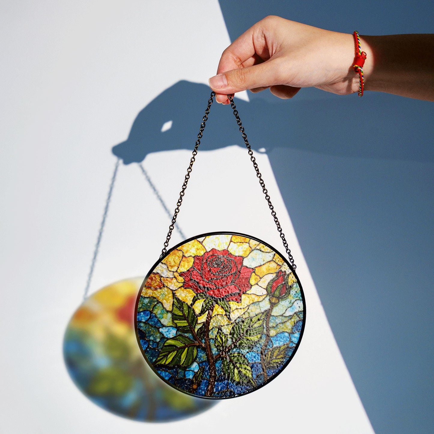Red rose and bud stained glass floral suncatcher romantic window decor gift for wife or girlfriend