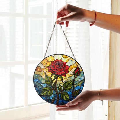 Red rose and bud stained glass floral suncatcher romantic window decor gift for wife or girlfriend