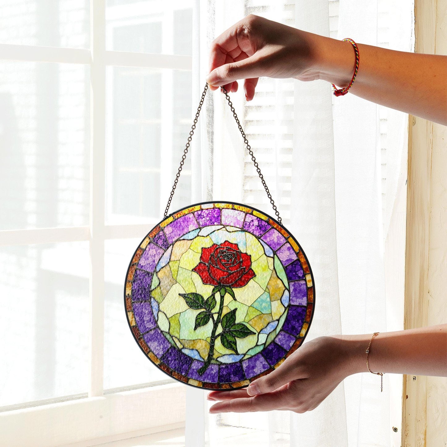 Red rose bloom with purple mosaic round stained glass suncatcher gift for flower lovers