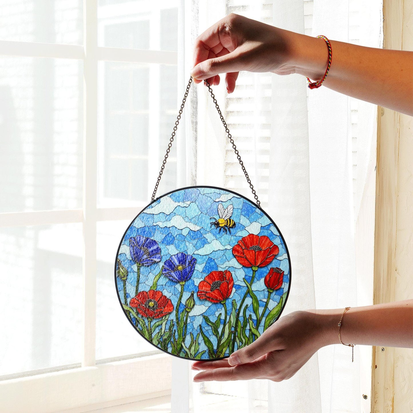 Bee and Wildflower Stained Glass Sun Catcher Round Window Decor Gift for Nature Mom