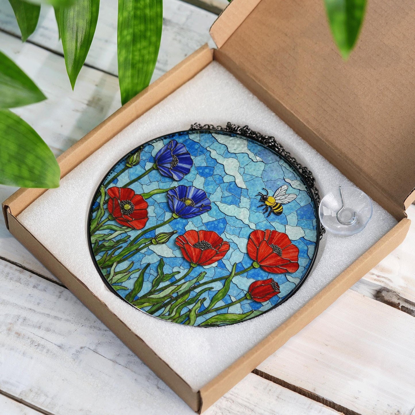 Bee and Wildflower Stained Glass Sun Catcher Round Window Decor Gift for Nature Mom