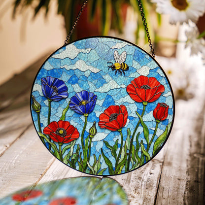Bee and Wildflower Stained Glass Sun Catcher Round Window Decor Gift for Nature Mom
