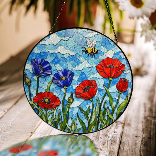 Bee and Wildflower Stained Glass Sun Catcher Round Window Decor Gift for Nature Mom