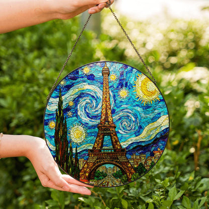 Eiffel Tower Starry Night Style Round Stained Glass Suncatcher Gift for Paris Lover