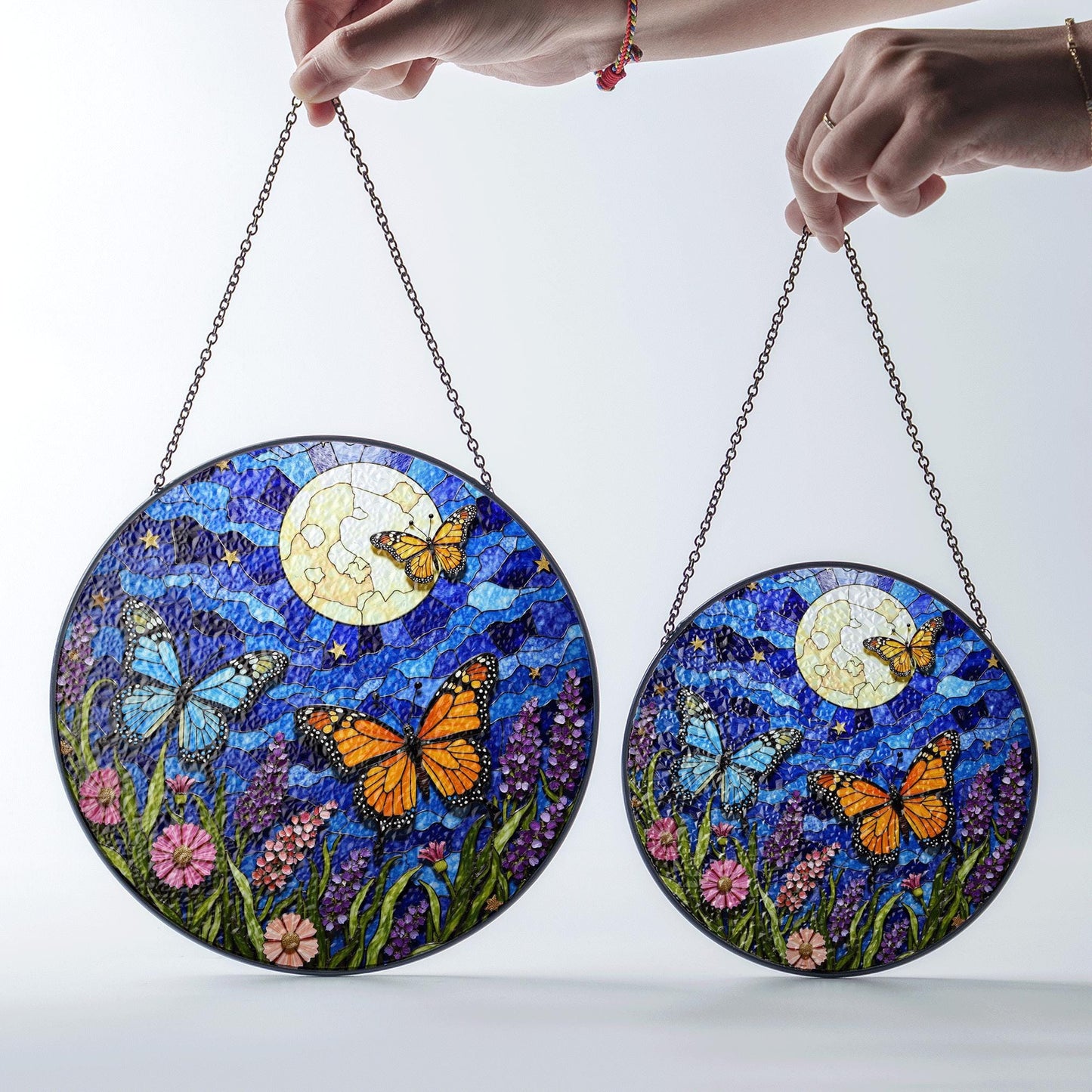 Moon butterflies wildflower stained glass suncatcher night sky decor gift for garden lovers