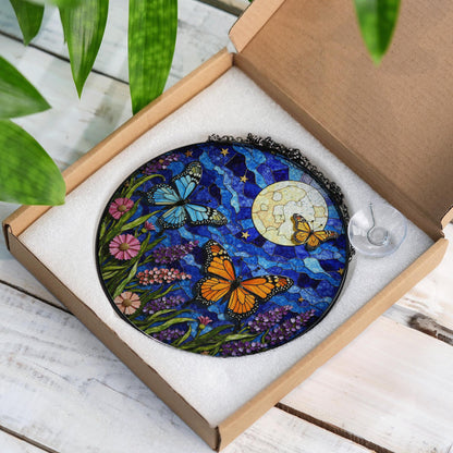 Moon butterflies wildflower stained glass suncatcher night sky decor gift for garden lovers