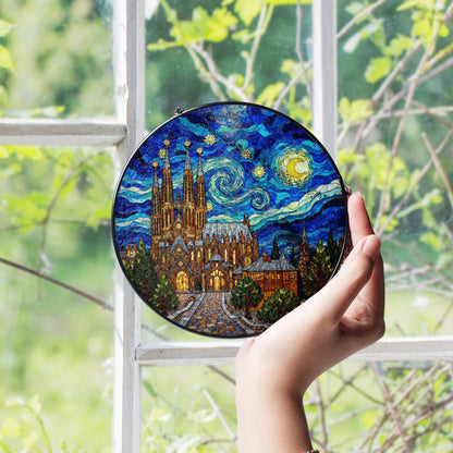cathedral under starry sky round stained glass style suncatcher gift for architecture lover