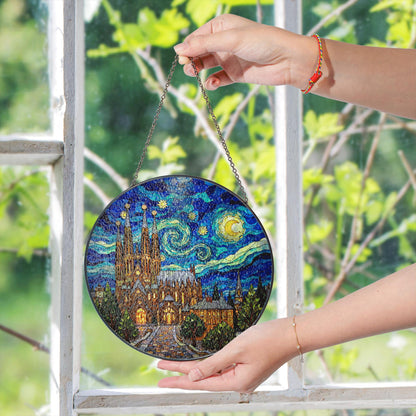 cathedral under starry sky round stained glass style suncatcher gift for architecture lover