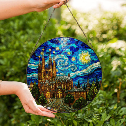 cathedral under starry sky round stained glass style suncatcher gift for architecture lover
