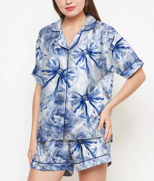 Mom Birthday Gift, Blue Coquette Floral Pajamas Satin Set, Mother's Day Gift, Gift For Her, Gift For Grandma, Birthday Gift, Gift For Women