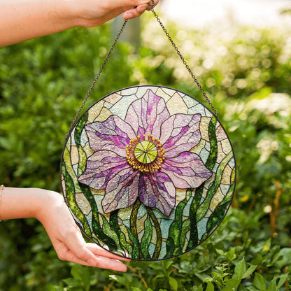 Purple floral glass panel round suncatcher for window light gift for garden lover mom friend