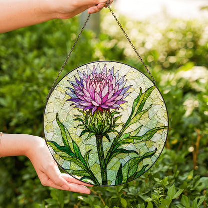 Purple thistle flower stained glass window hanging suncatcher gift for botanical art lovers