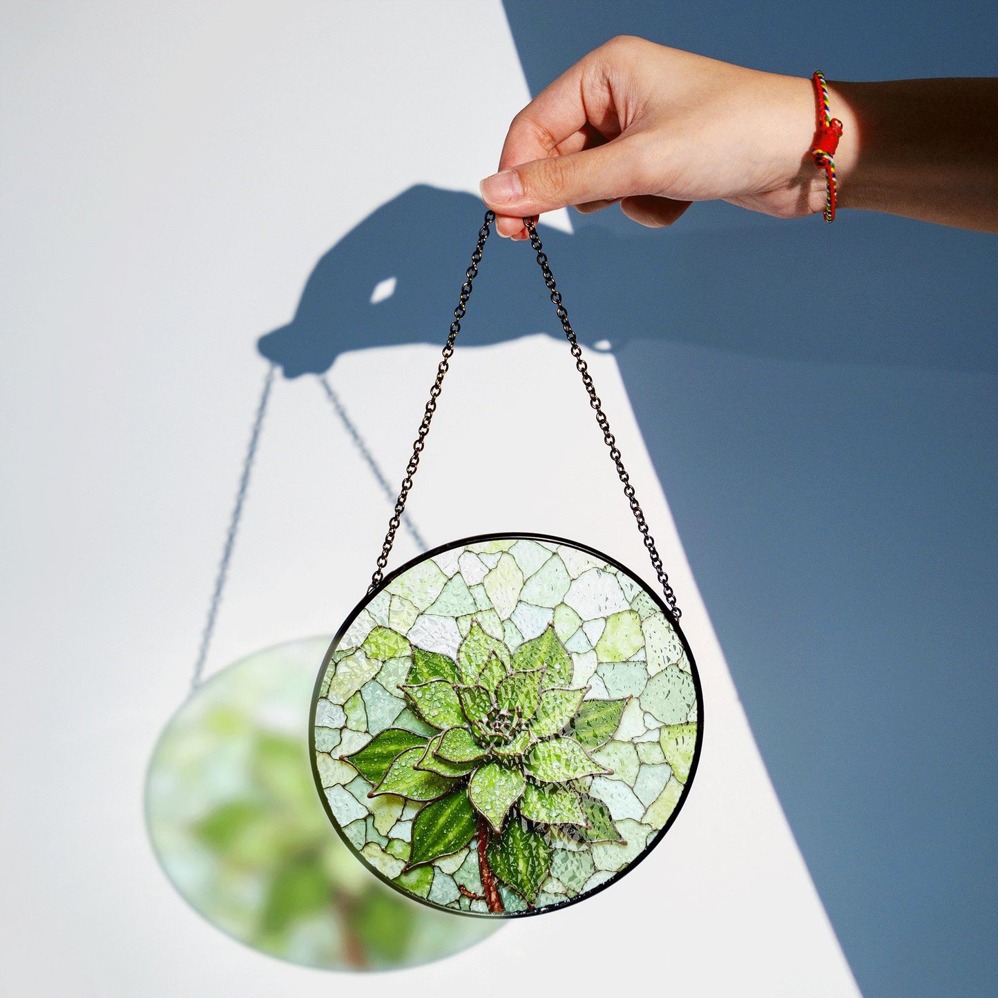 Green succulent art glass round suncatcher plant window decor gift for plant lover or garden mom