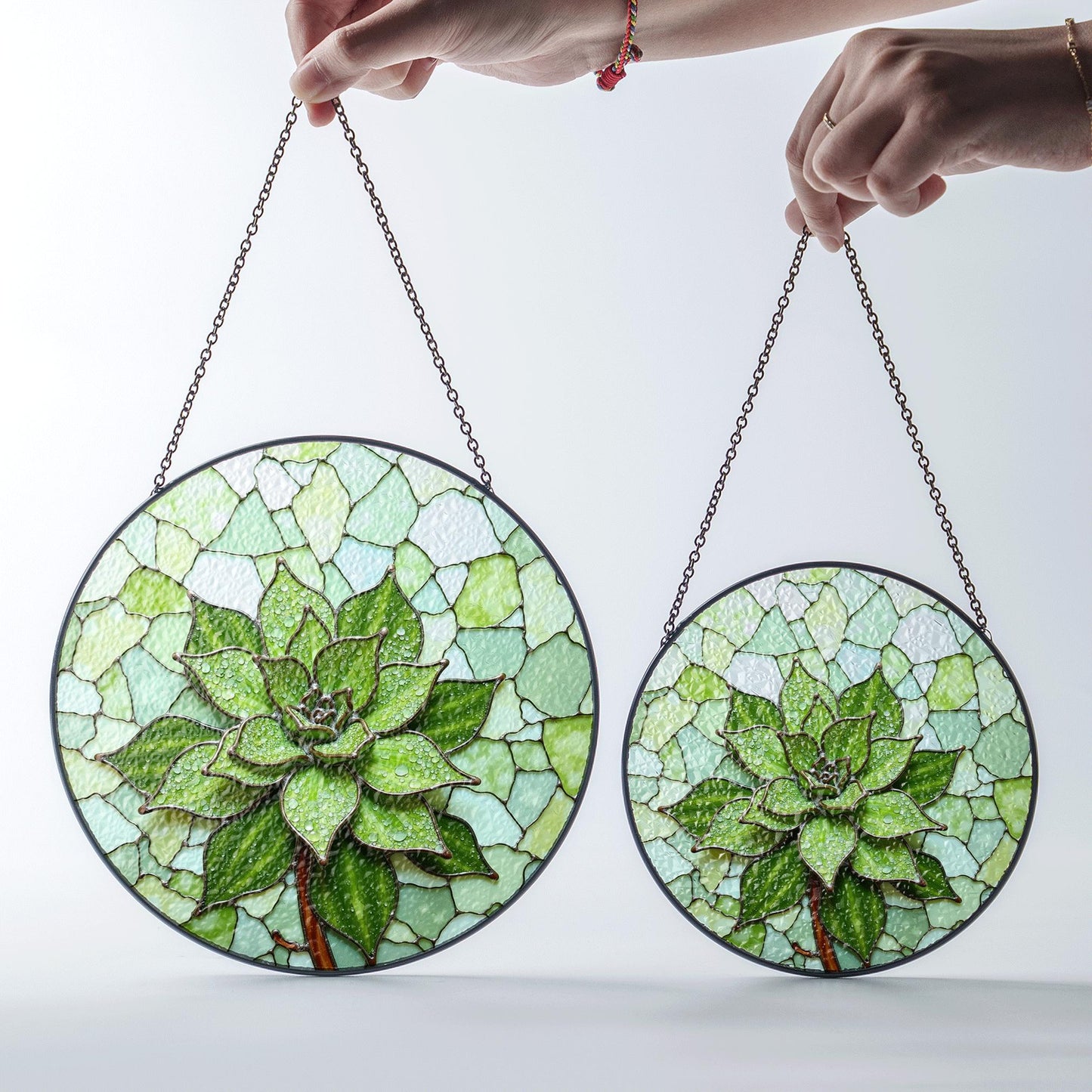 Green succulent art glass round suncatcher plant window decor gift for plant lover or garden mom