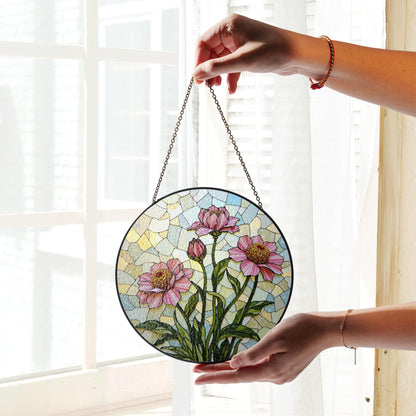 Pink floral stained glass round suncatcher window decor for mom gift