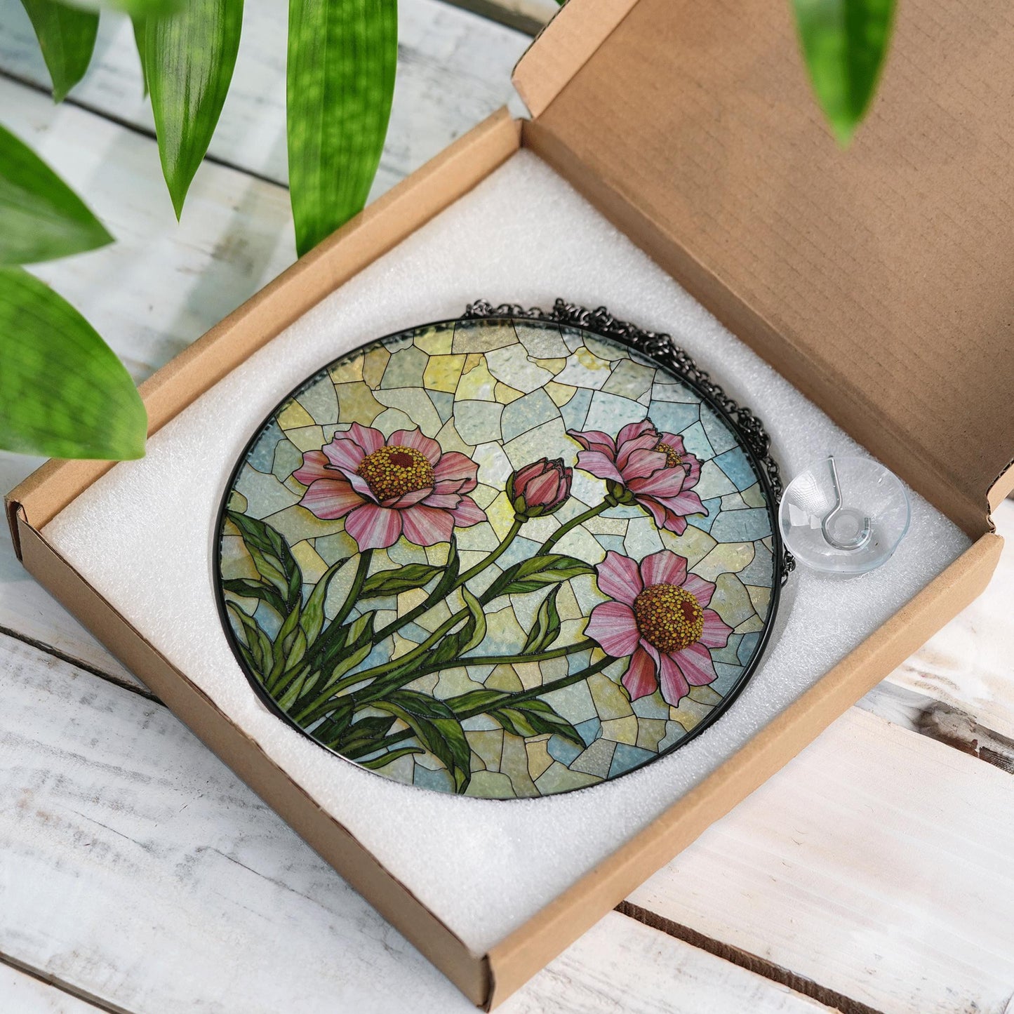 Pink floral stained glass round suncatcher window decor for mom gift