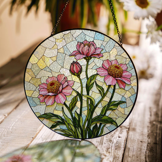 Pink floral stained glass round suncatcher window decor for mom gift