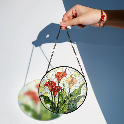 Calla Lily Bloom Round Stained Glass Suncatcher Sunlight Window Art Gift for Garden Lover