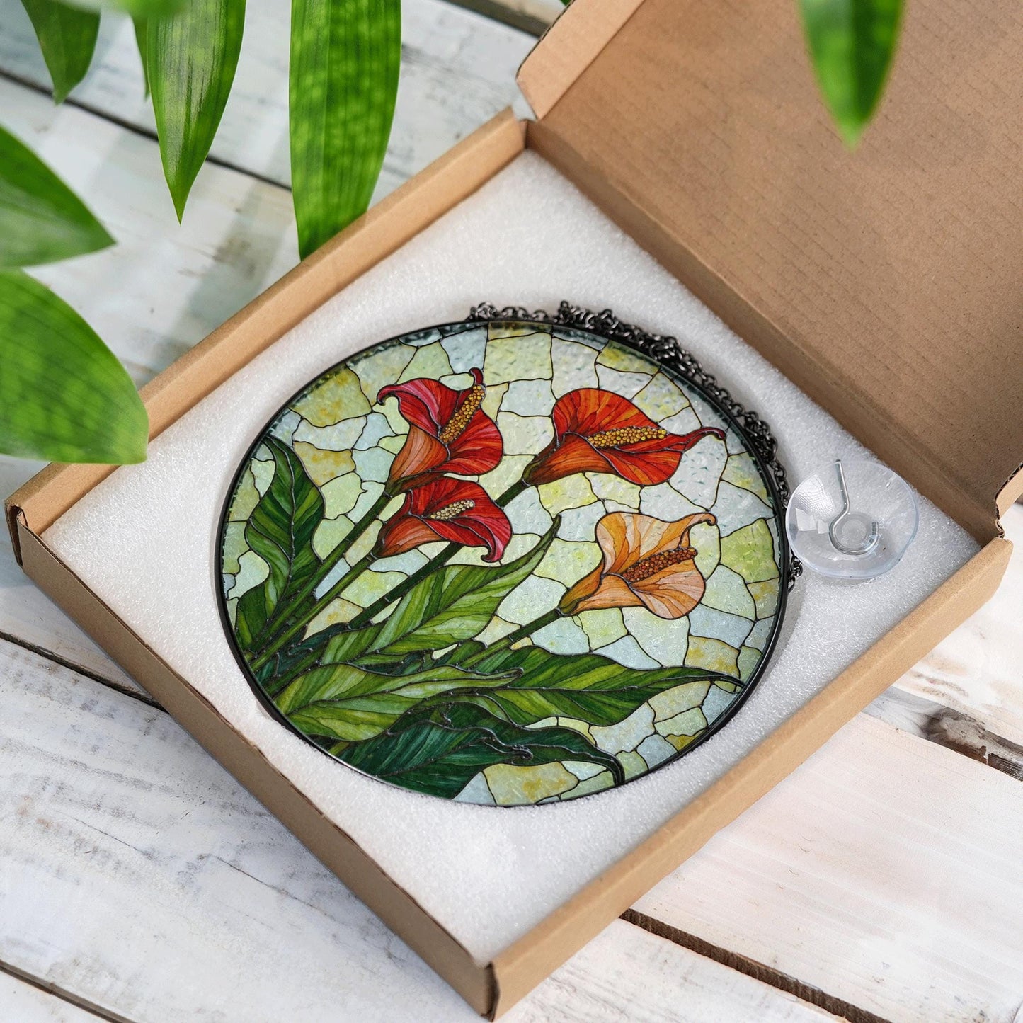 Calla Lily Bloom Round Stained Glass Suncatcher Sunlight Window Art Gift for Garden Lover