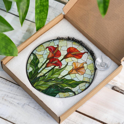 Calla Lily Bloom Round Stained Glass Suncatcher Sunlight Window Art Gift for Garden Lover