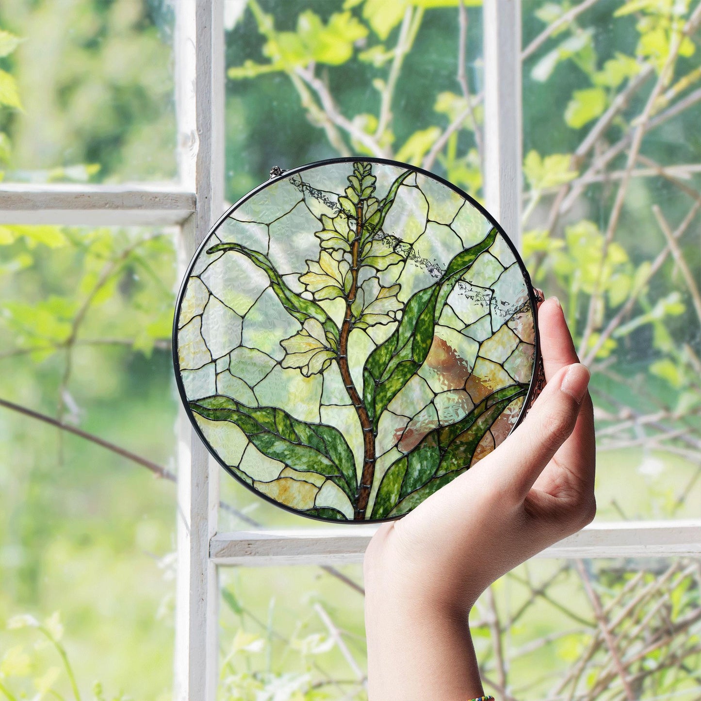 Stained glass lemongrass botanical panel garden suncatcher for plant lover gift