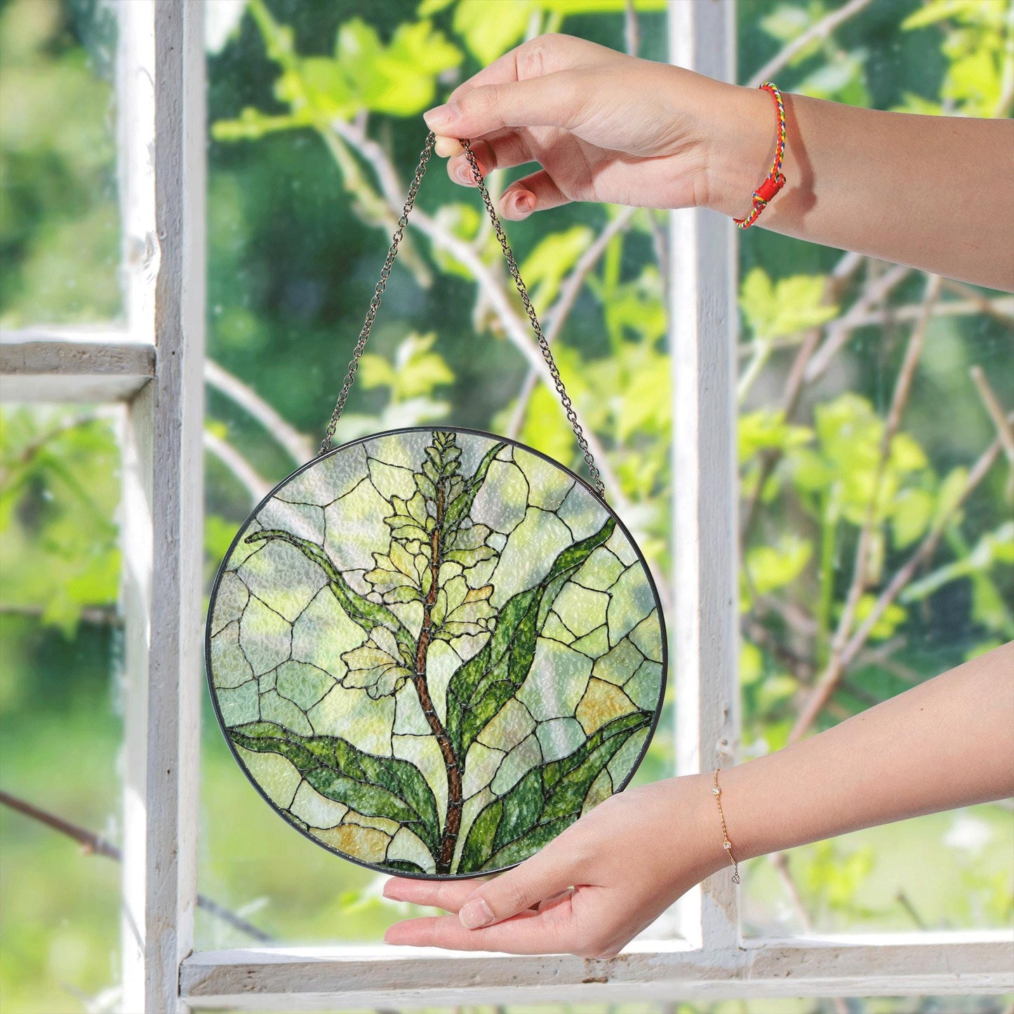 Stained glass lemongrass botanical panel garden suncatcher for plant lover gift