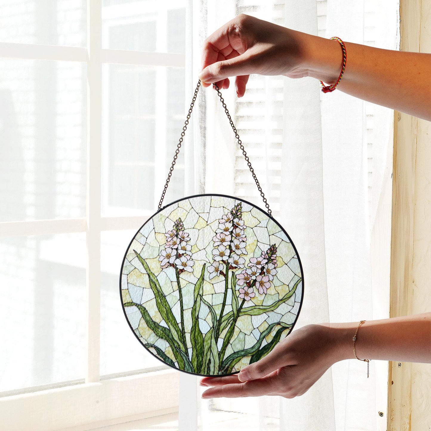 Wildflower stained glass garden art suncatcher round floral panel gift for plant lover