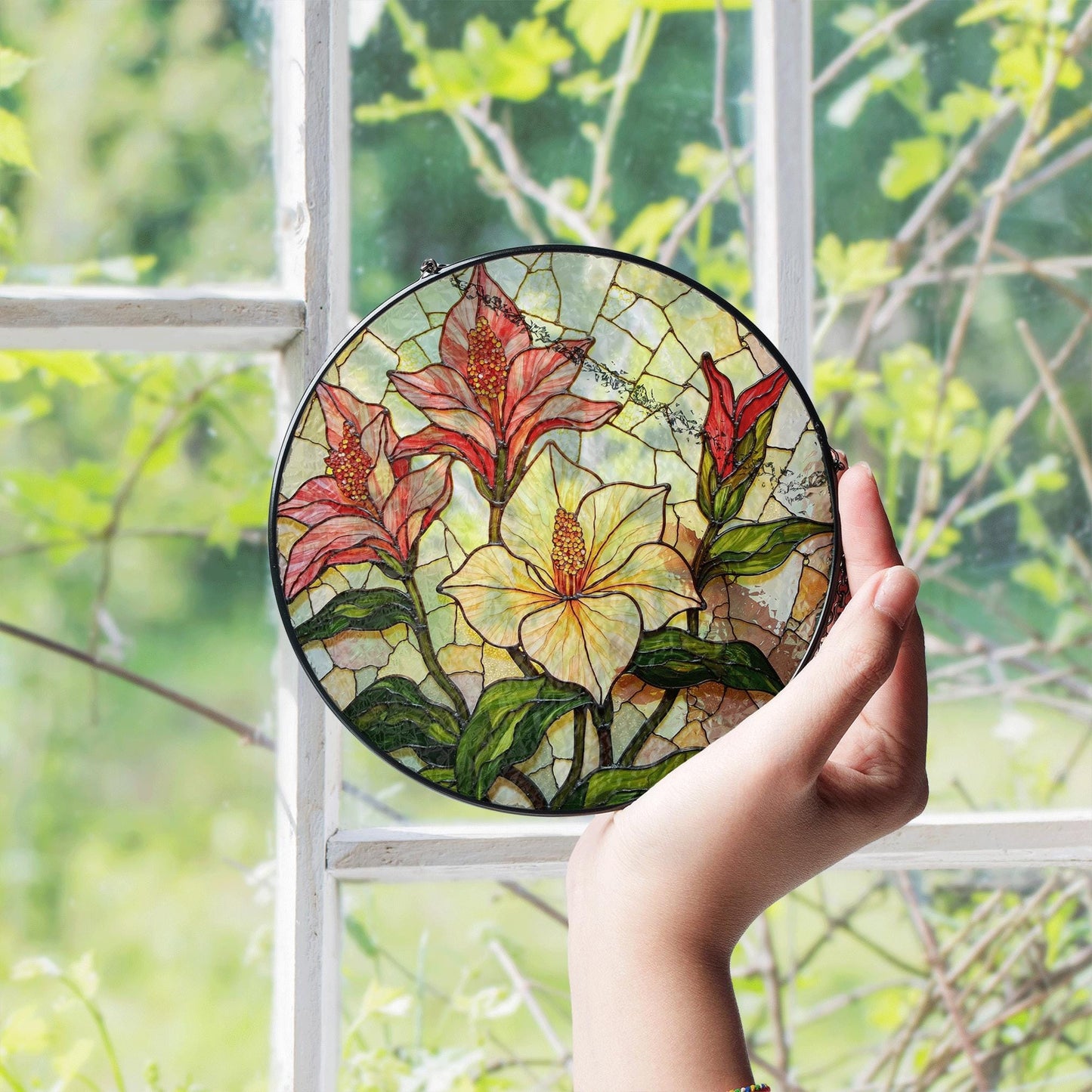 Red lilies and yellow hibiscus floral round stained glass suncatcher gift for garden lovers
