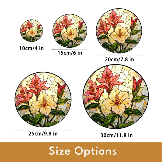 Red lilies and yellow hibiscus floral round stained glass suncatcher gift for garden lovers
