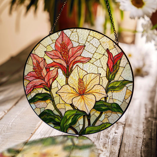 Red lilies and yellow hibiscus floral round stained glass suncatcher gift for garden lovers
