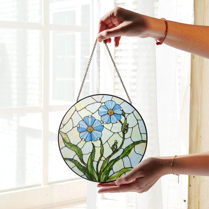 Blue Flower Stained Glass Round Panel Spring Garden Suncatcher Gift for Mom