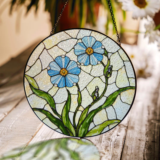 Blue Flower Stained Glass Round Panel Spring Garden Suncatcher Gift for Mom