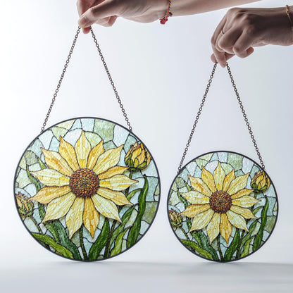 Yellow sunflower stained glass suncatcher with buds hanging window decor gift for garden lovers