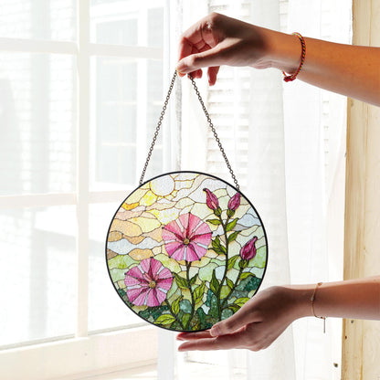 Pink morning glory floral stained glass suncatcher round window decor gift for nature lovers