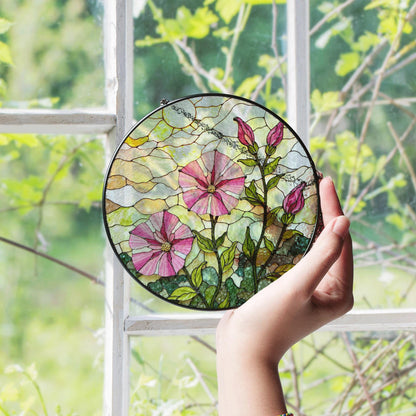 Pink morning glory floral stained glass suncatcher round window decor gift for nature lovers