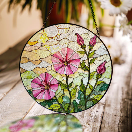 Pink morning glory floral stained glass suncatcher round window decor gift for nature lovers