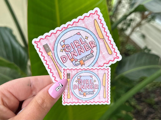 Girl Dinner Holographic Waterproof Sticker, Mental Health Stickers, Handdrawn Art, Bestfriend Gifts, Positivity, Anxiety, Bookish, Reading