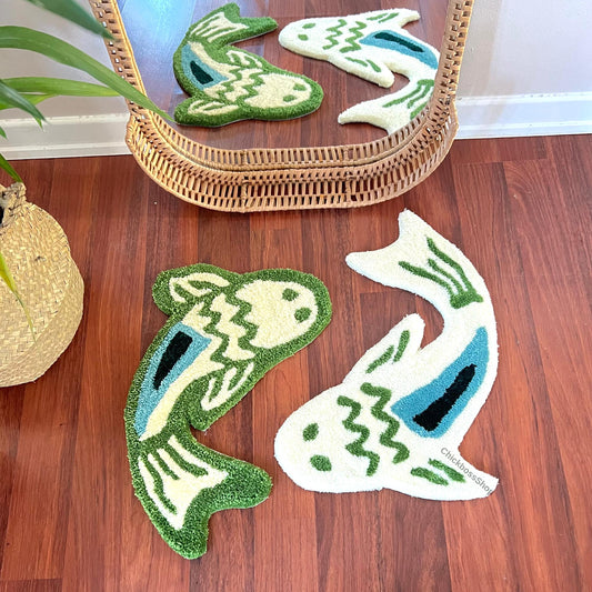 Handmade Koi Fish Rug: Green & Blue Yin Yang Design