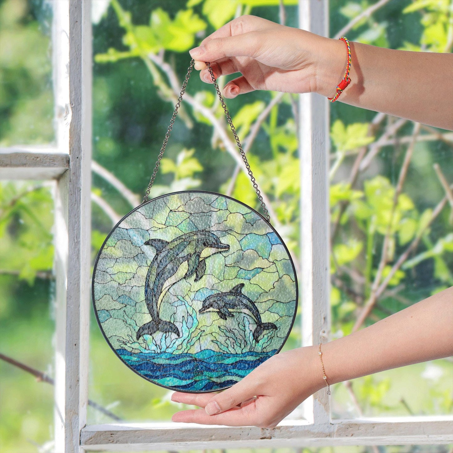 jumping dolphins over ocean waves stained glass suncatcher ocean window decor gift for ocean lover