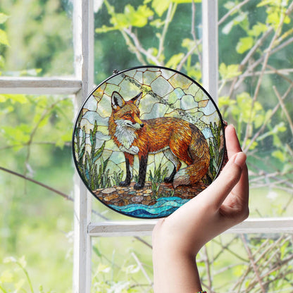 vivid red fox in forest stained glass suncatcher woodland animal window decor birthday gift for nature lover