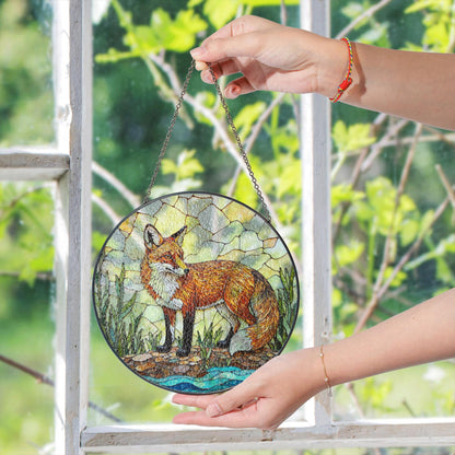 vivid red fox in forest stained glass suncatcher woodland animal window decor birthday gift for nature lover
