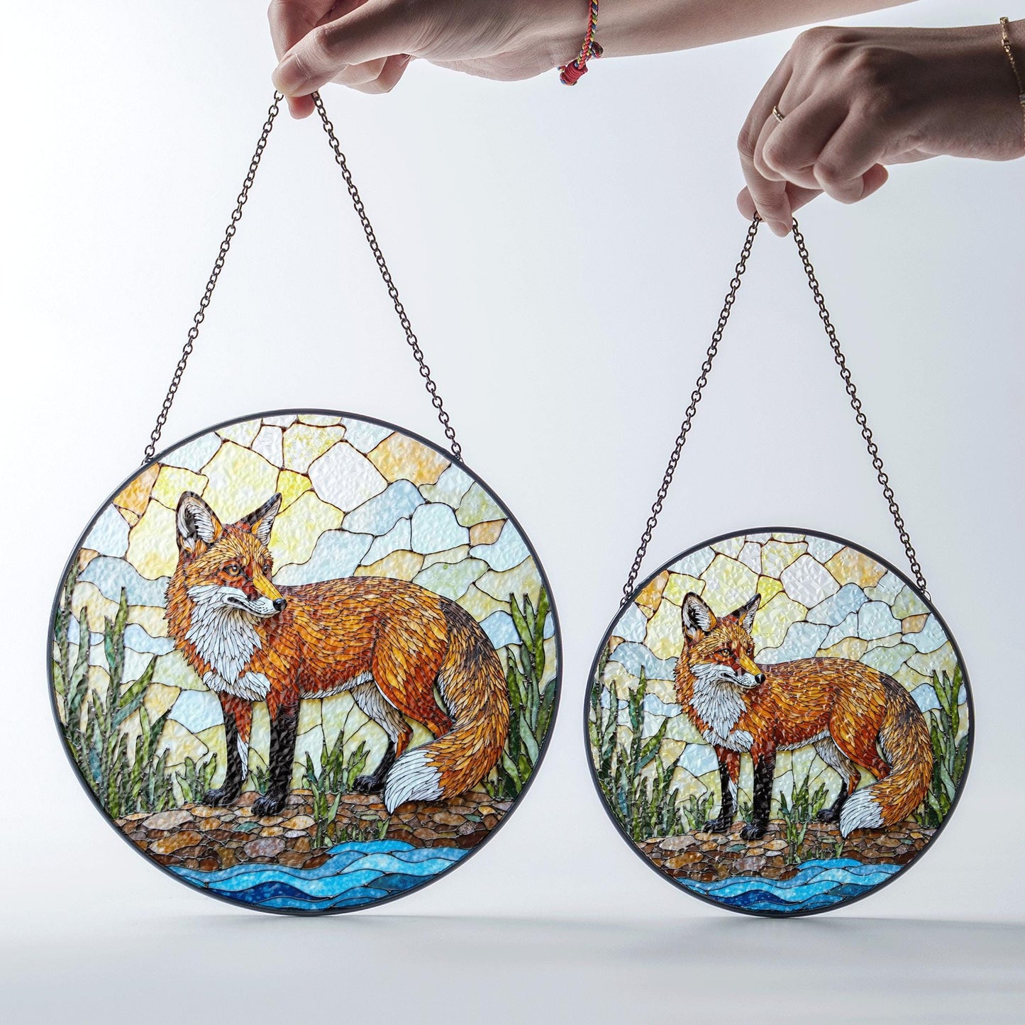 vivid red fox in forest stained glass suncatcher woodland animal window decor birthday gift for nature lover