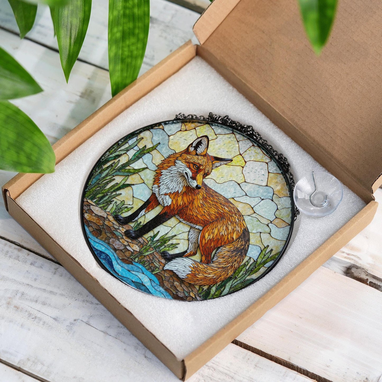 vivid red fox in forest stained glass suncatcher woodland animal window decor birthday gift for nature lover